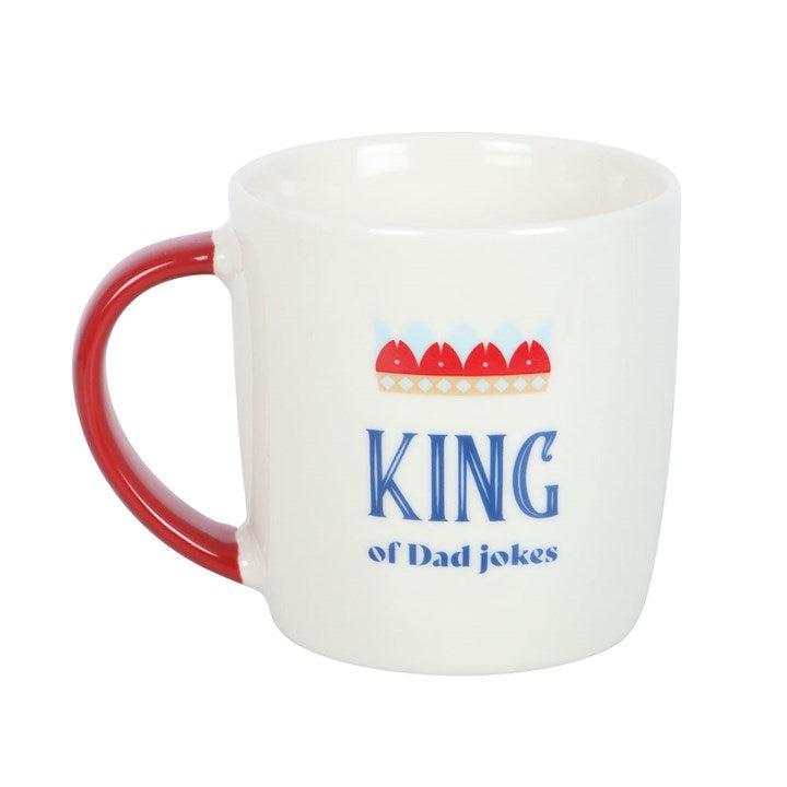 King of Dad Jokes Mug features a crown design and red handle, perfect for pun-loving dads. Celebrate their humour!