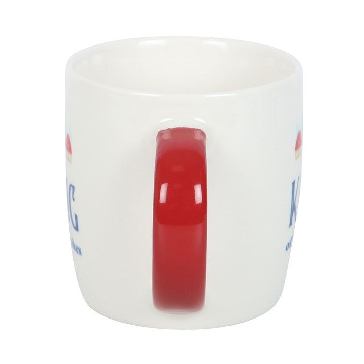 King of Dad Jokes Mug with a red handle and crown design, perfect for pun-loving dads. Ideal gift from your store.