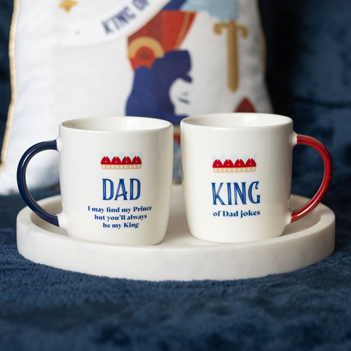 Celebrate humour with the King of Dad Jokes Mug, featuring a crown design and a vibrant red handle. Perfect gift!