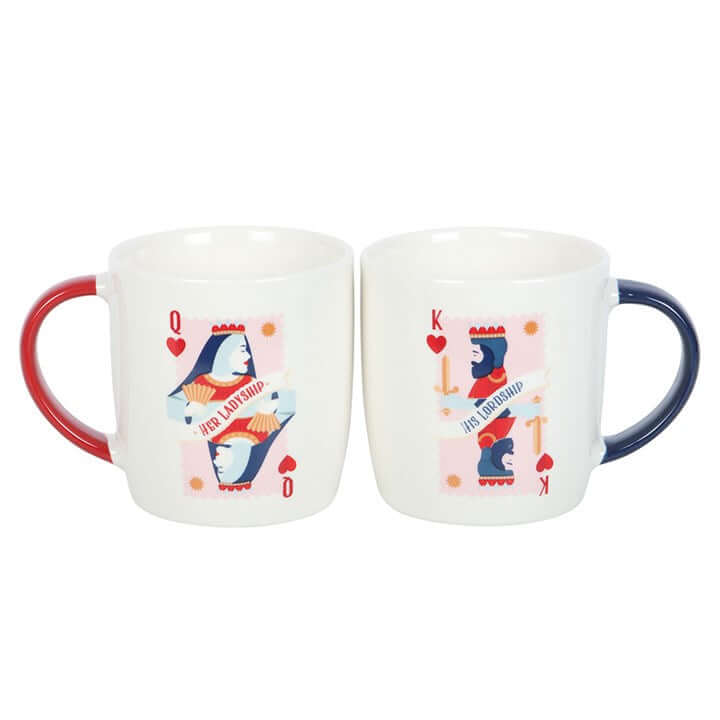 Couples mug set featuring "Her Ladyship" and "His Lordship" designs with playful card motifs and vibrant handles.