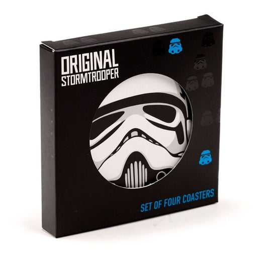 Original Stormtrooper cork coaster set of four in a black box with circular window displaying the helmet design.