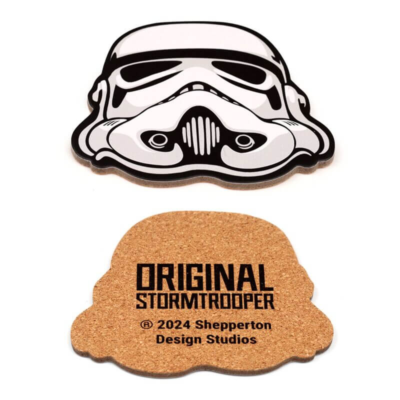 Set of 4 cork novelty Stormtrooper coasters, includes helmet-shaped top and Original Stormtrooper branded cork coaster.