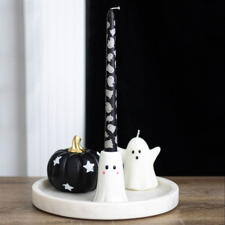 Charming Sweet Ghost Candle Holder with Taper Candle - Unscented, perfect for Halloween décor and seasonal gifting.
