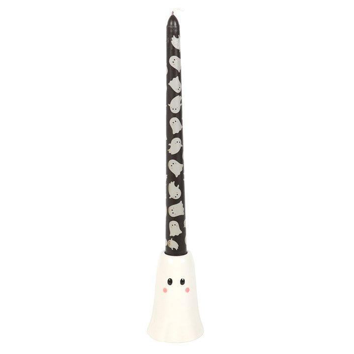 Sweet Ghost Candle Holder with Taper Candle - Unscented adds charm to Halloween décor with its adorable ceramic design.