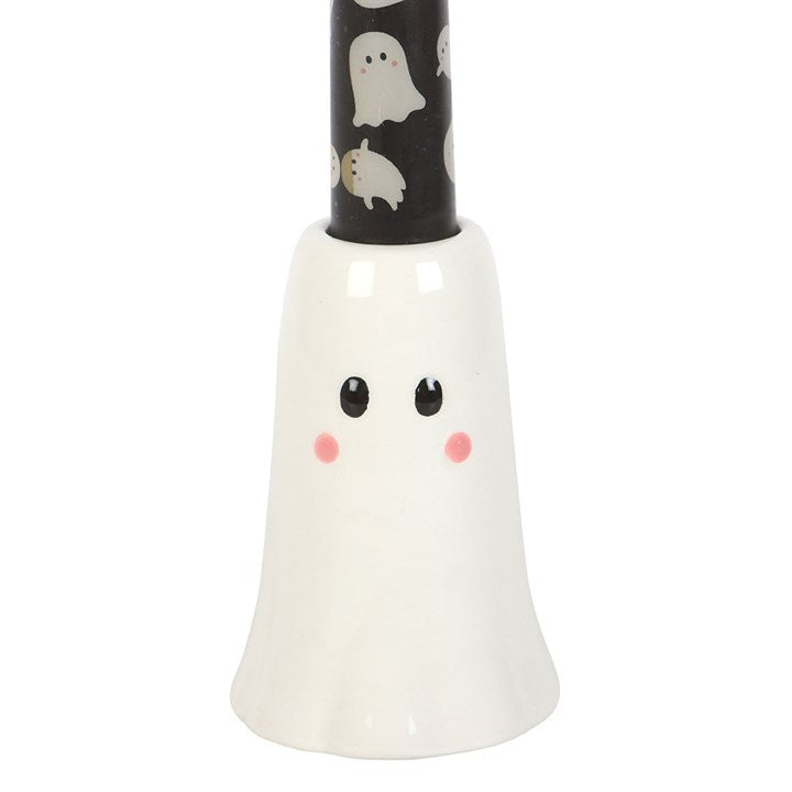 Sweet Ghost Candle Holder with Taper Candle - Unscented adds charm to Halloween décor with its cute ceramic design.