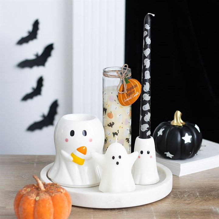 Charming Sweet Ghost Candle Holder with Taper Candle - Unscented, perfect for Halloween décor and seasonal gifting.