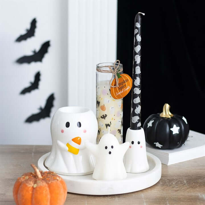 Charming Sweet Ghost Candle Holder with Taper Candle - Unscented, perfect for Halloween décor and seasonal gifting.