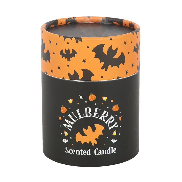 Bat Print Mulberry Candle by Mulberry Scented Candle with a Halloween bat motif in orange and black design.