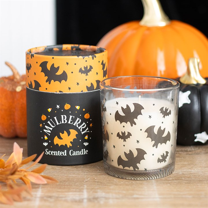Bat Print Mulberry Candle by Mulberry Scented Candle - bat-print tins and glass jar for spooky, cosy Halloween ambience