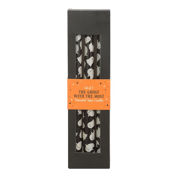 Set of 3 Ghost Print Taper Candles, perfect for Halloween décor with playful ghost design for festive table settings.