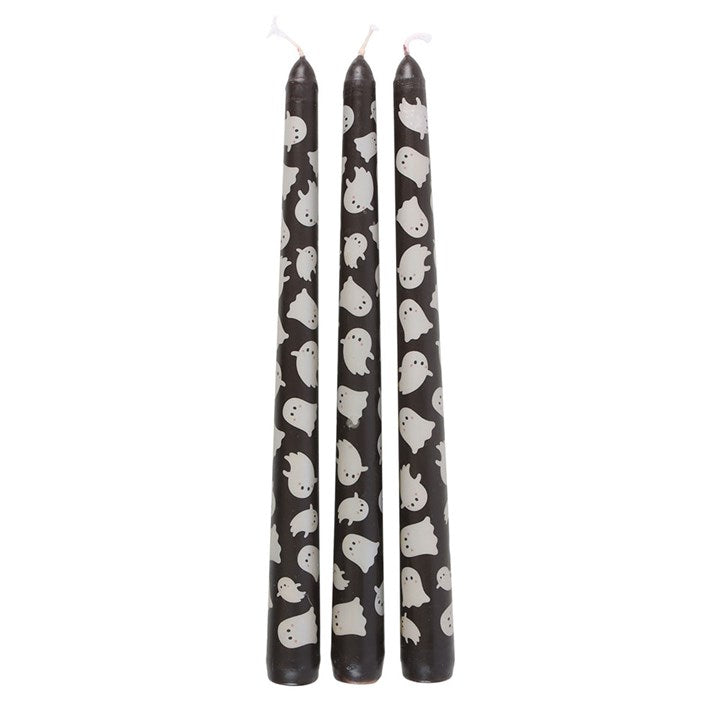 Set of 3 Ghost Print Taper Candles featuring playful ghost designs, perfect for Halloween décor and festivities.