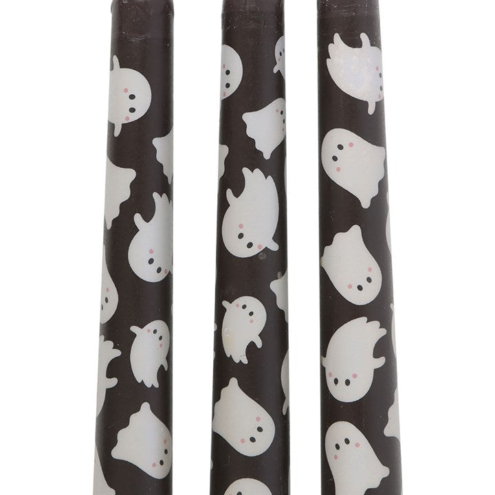 Set of 3 Ghost Print Taper Candles, featuring playful ghosts, perfect for festive Halloween décor and table settings.