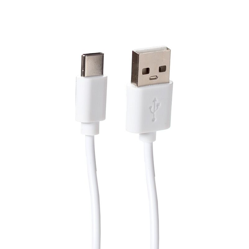 Close-up of a white USB-C to USB-A charging cable with connectors.