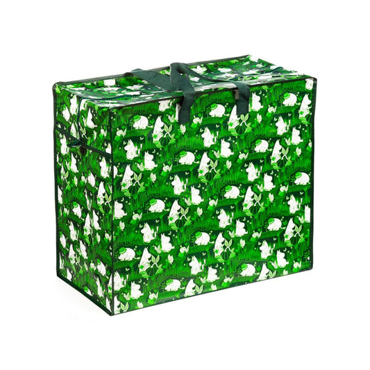 Laundry & Storage Bag – Moomin Garden Life with green leafy print and white Moomin silhouettes, carrying handles