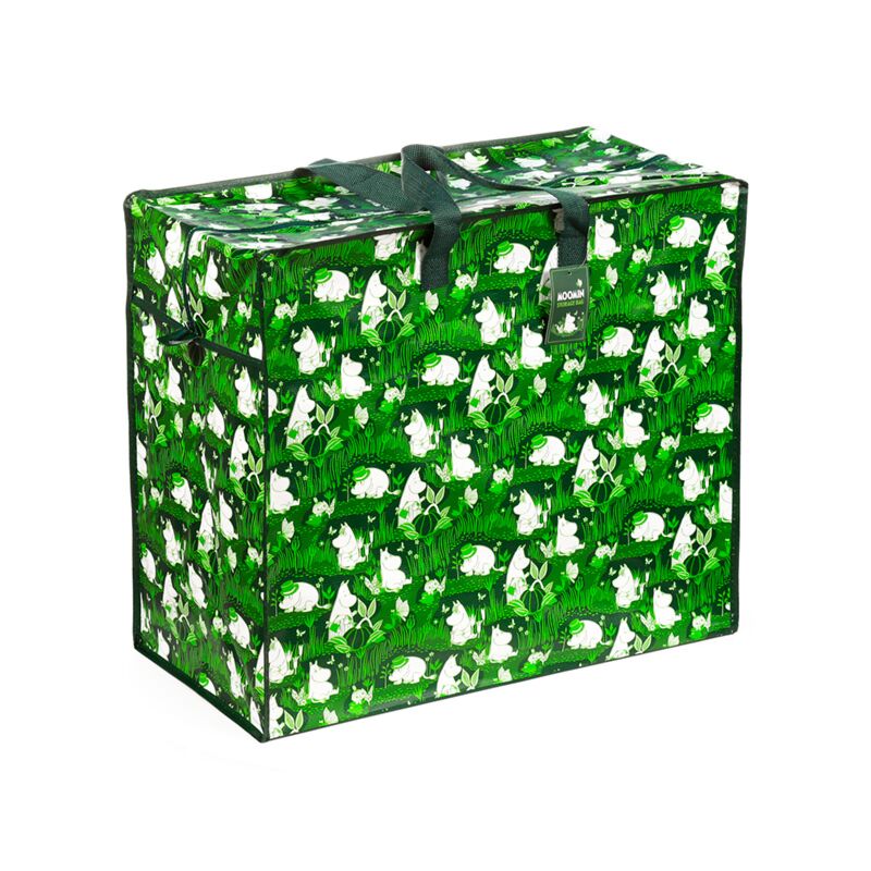 Laundry and storage bag in Moomin Garden Life green pattern with white Moomin characters and carrying handles.