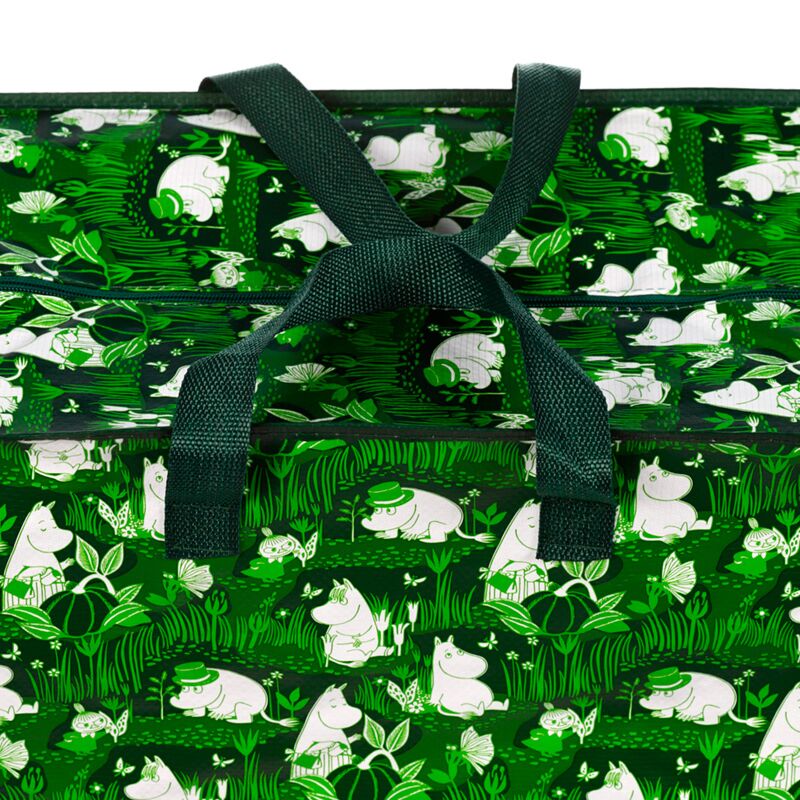 Laundry & Storage Bag, Moomin Garden Life print with green foliage and white Moomin characters, dark green handles.