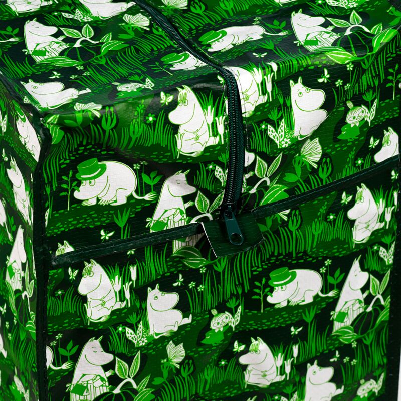 Laundry & Storage Bag - Moomin Garden Life in green jungle print with white Moomin characters and a zip.