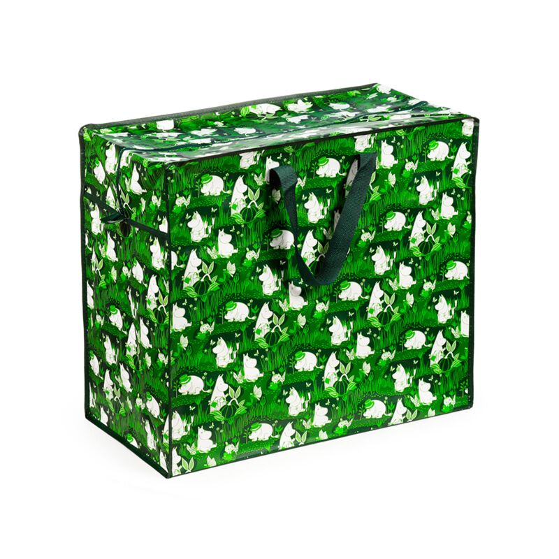 Laundry and storage bag, Moomin Garden Life design, green with white characters and black handles.
