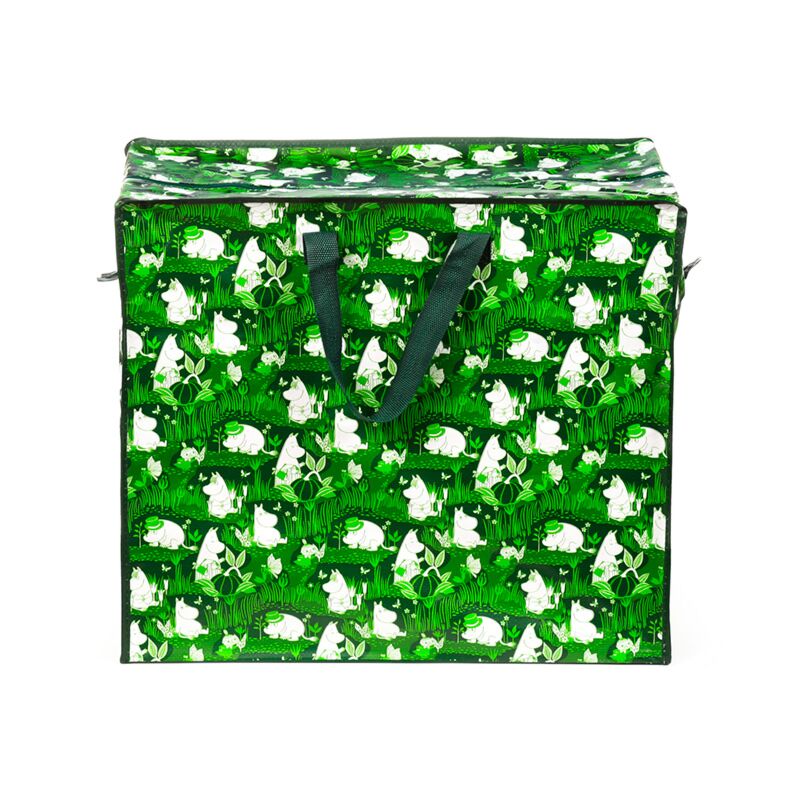 Laundry & storage bag in Moomin Garden Life pattern with white Moomin figures on green foliage and handles.
