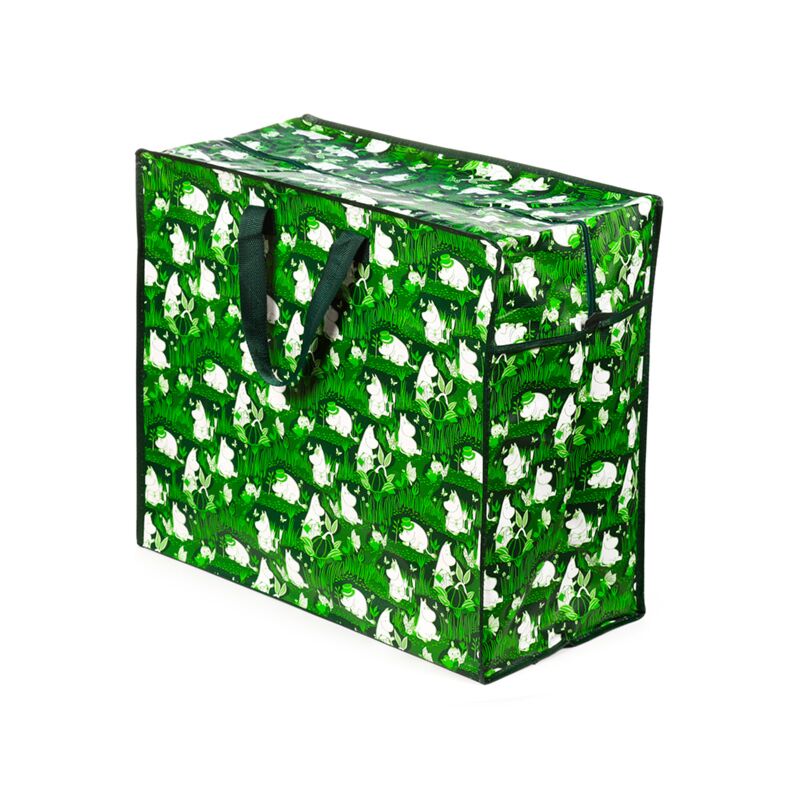 Laundry and storage bag in Moomin Garden Life print, green leafy design with white Moomin characters and black handles.