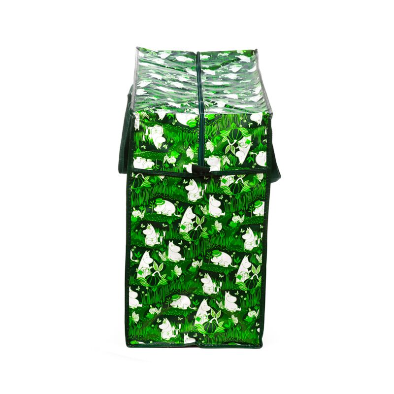 Laundry and storage bag in Moomin Garden Life design, green leafy print with white Moomin characters.