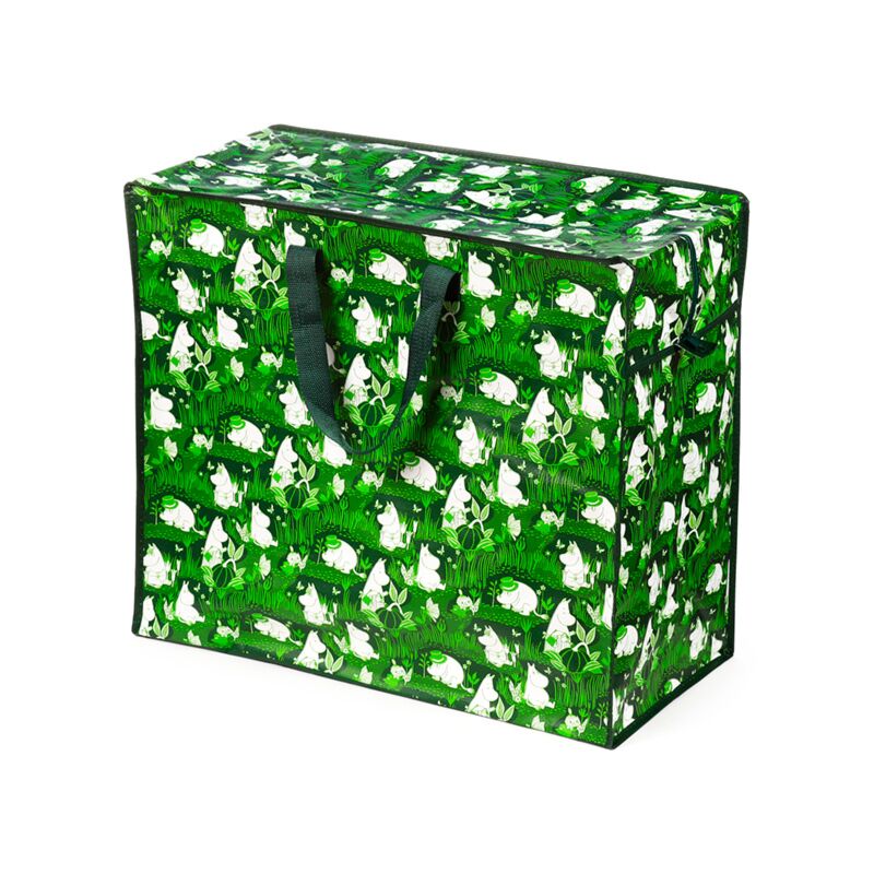 Laundry and storage bag – Moomin Garden Life pattern in green with white figures and handles.