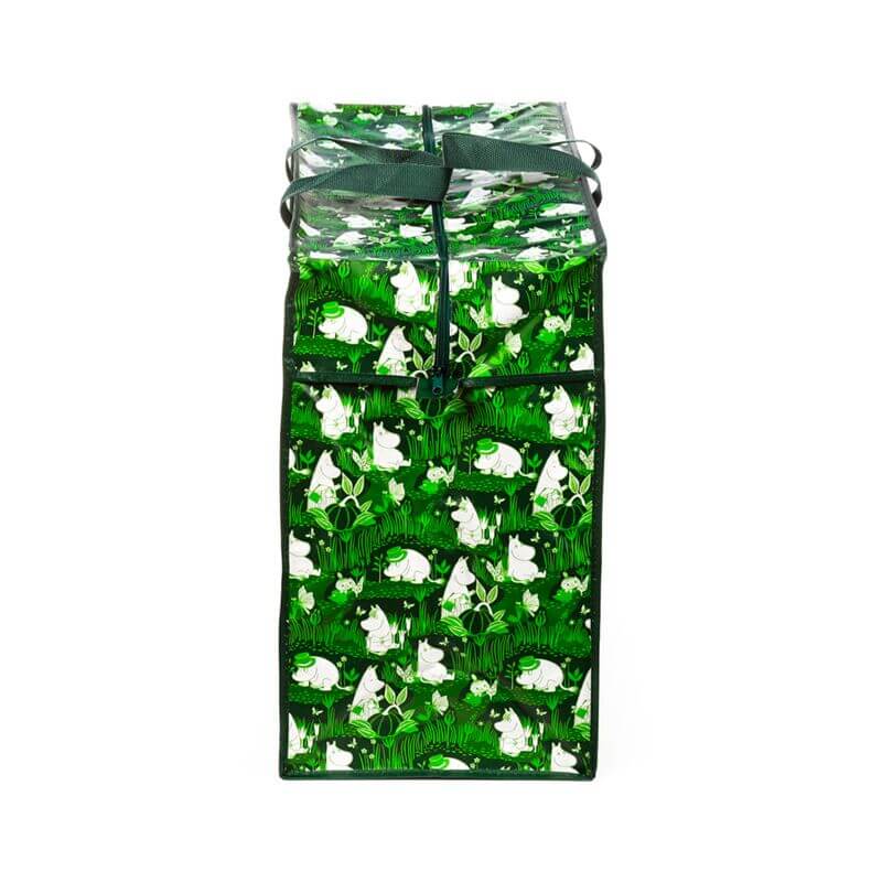 Laundry & Storage Bag - Moomin Garden Life in green garden pattern with white Moomin figures and top handles.
