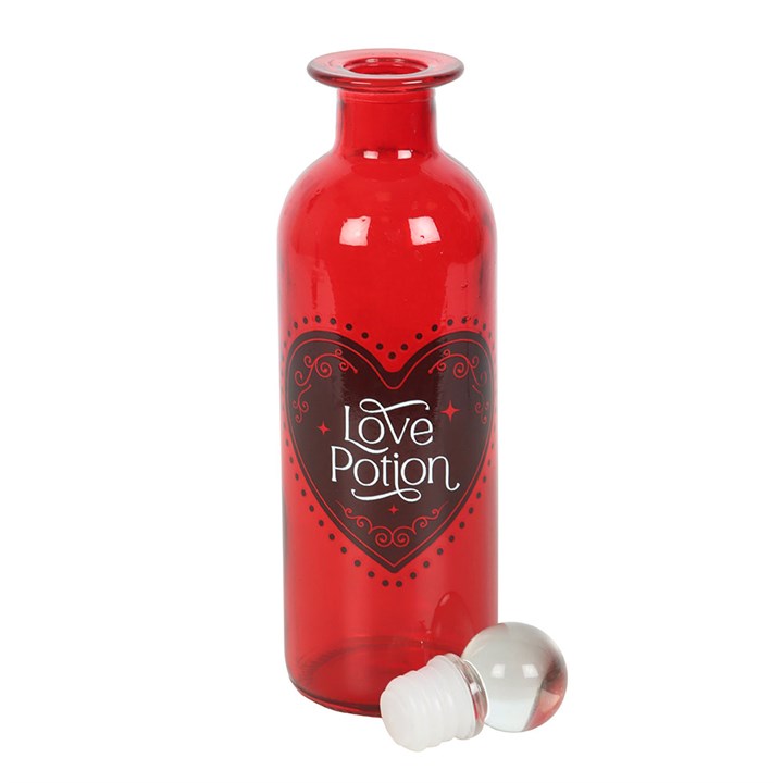 Bright red Decorative Glass Love Potion Bottle with a heart design, perfect for gifting or home decor.