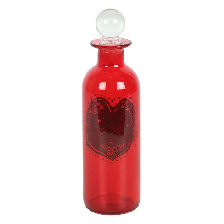Elegant Decorative Glass Love Potion Bottle in vibrant red with heart design, perfect for romantic decor.