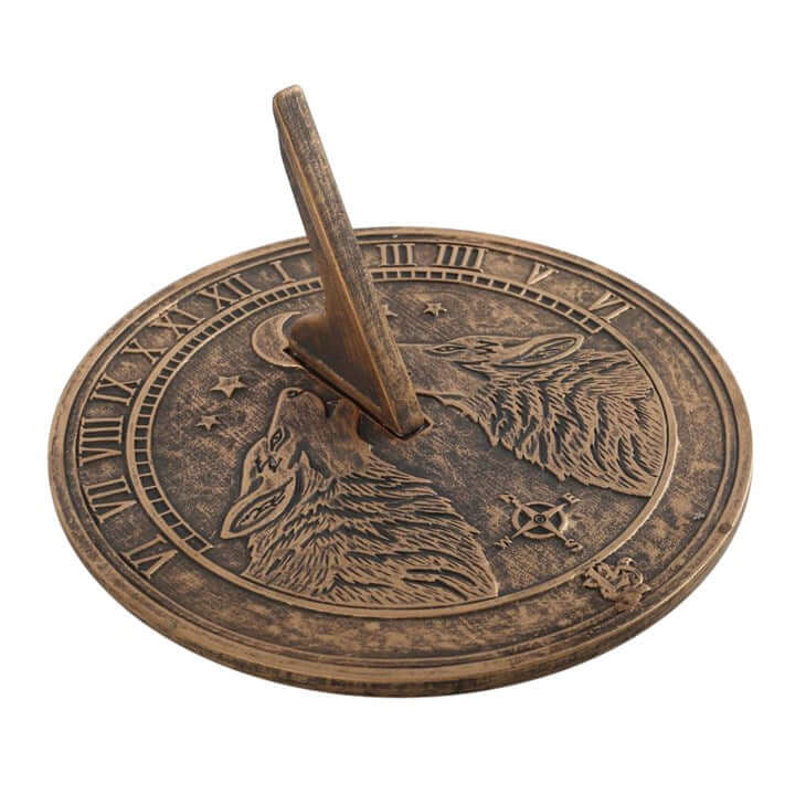 Howling Wolves Terracotta Sundial by Lisa Parker, featuring a rustic bronze finish and stunning wolf design for gardens.