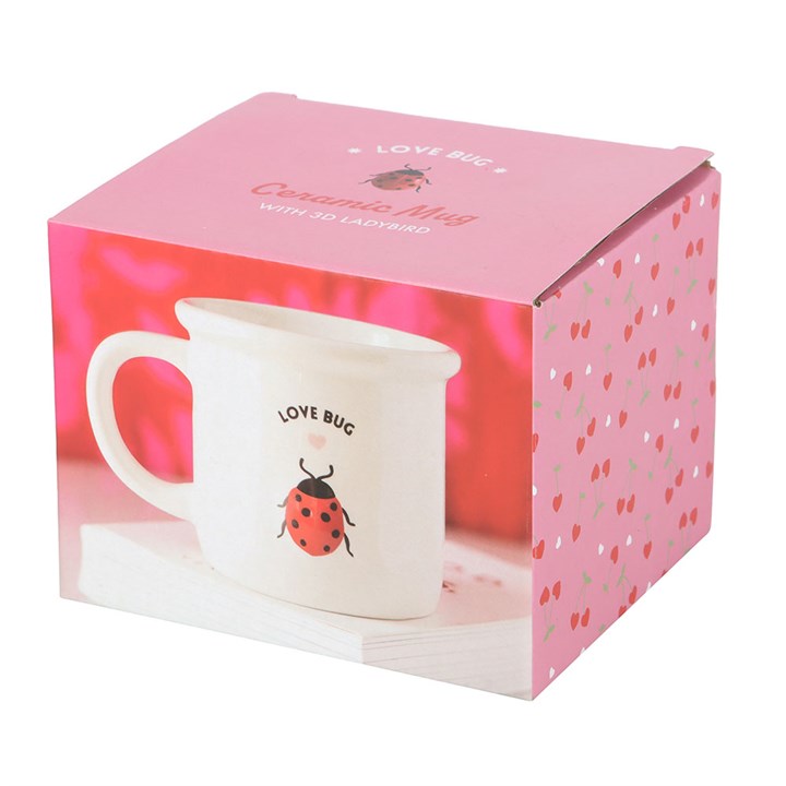 Love Bug Mug with 3D Ladybird in a cute box, perfect for gifting or personal use. Ideal for sipping hot drinks.