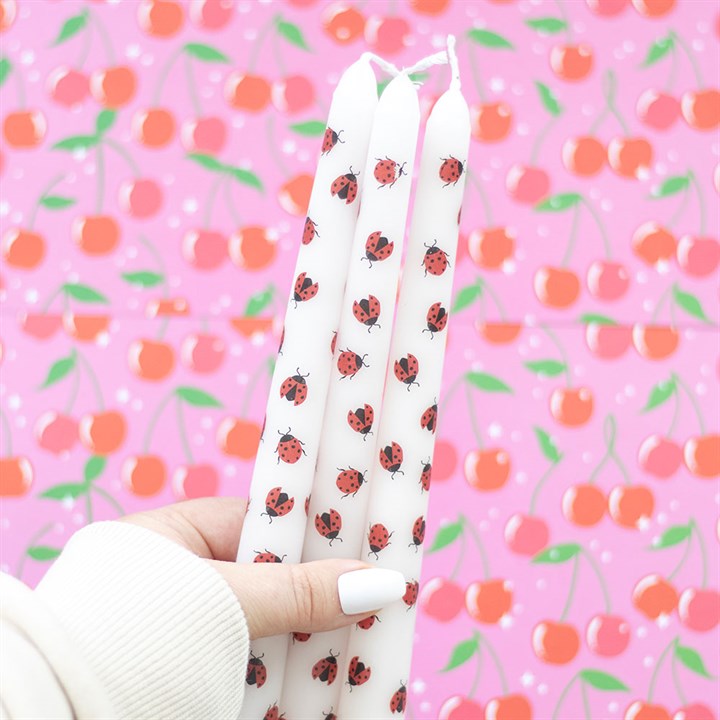 Set of 3 Love Bug Ladybird Taper Candles unscented, perfect for table settings and Valentine's Day decor.