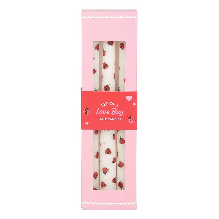 Set of 3 Love Bug Ladybird Taper Candles unscented, perfect for charming table decor or as a Valentine's gift.