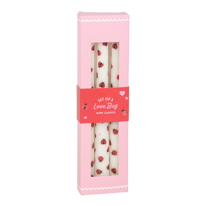 Set of 3 Love Bug Ladybird Taper Candles unscented, perfect for table settings and Valentine's Day decor.