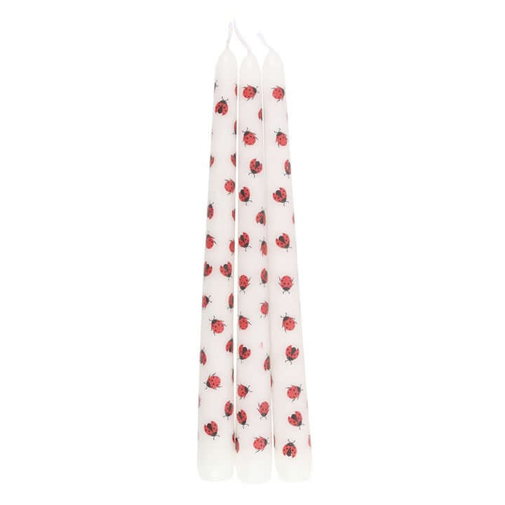 Set of 3 Love Bug Ladybird Taper Candles unscented, perfect for table settings and Valentine's Day decor.