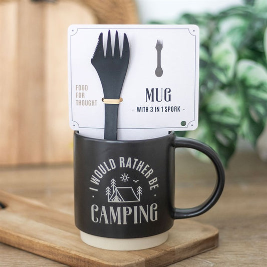 Ceramic I Would Rather Be Camping Mug with 3-in-1 Spork, perfect for outdoor lovers and adventurers.