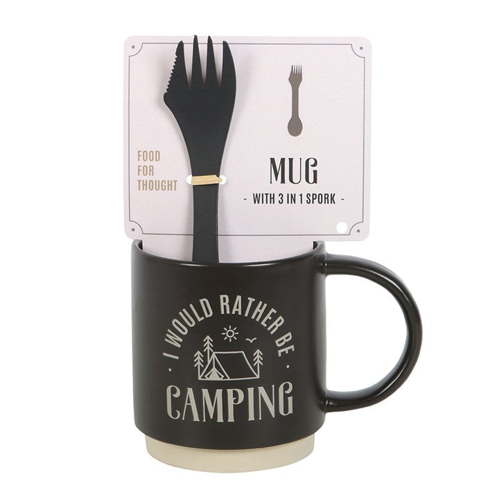 Ceramic I Would Rather Be Camping Mug with 3-in-1 Spork, perfect for outdoor enthusiasts and adventurers.