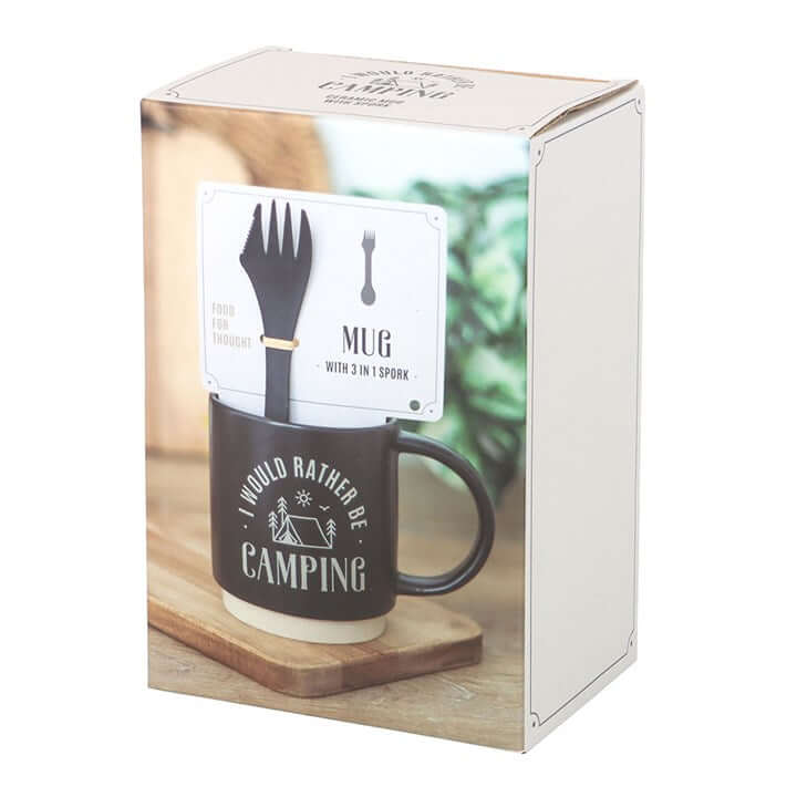 Ceramic I Would Rather Be Camping Mug with 3-in-1 Spork, perfect for adventurers and camping lovers.