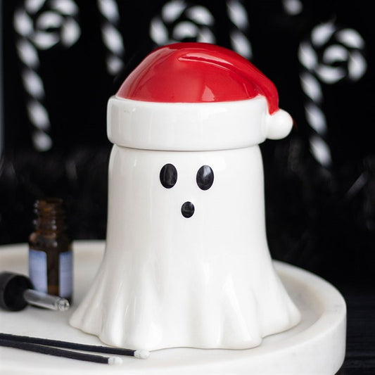 Ghost with Santa Hat Oil Burner and Wax Warmer adds spooky charm to festive decor, perfect for playful holiday vibes.