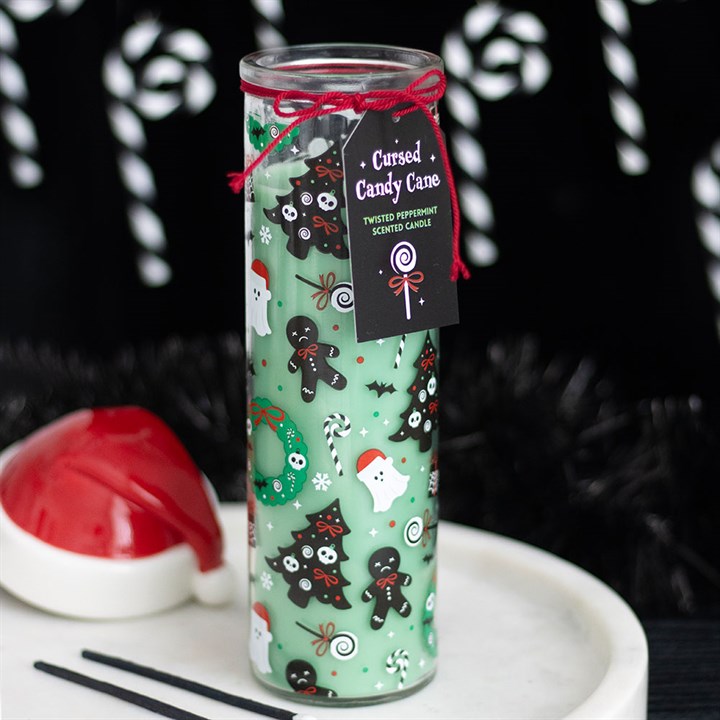 Merry Creepmas Cursed Candy Cane Tube Candle—twisted peppermint scent with haunted ginger-dead men design.