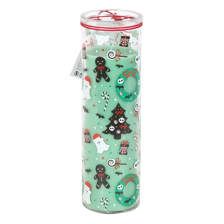 Merry Creepmas Cursed Candy Cane Tube Candle in a clear tube with haunted holiday motifs, candy canes and ghosts.