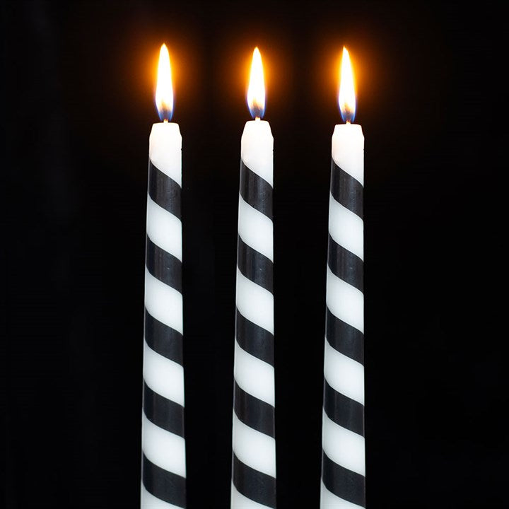 Set of 3 Black Candy Cane Taper Candles - Unscented, perfect for gothic festive decor and elegant table settings.
