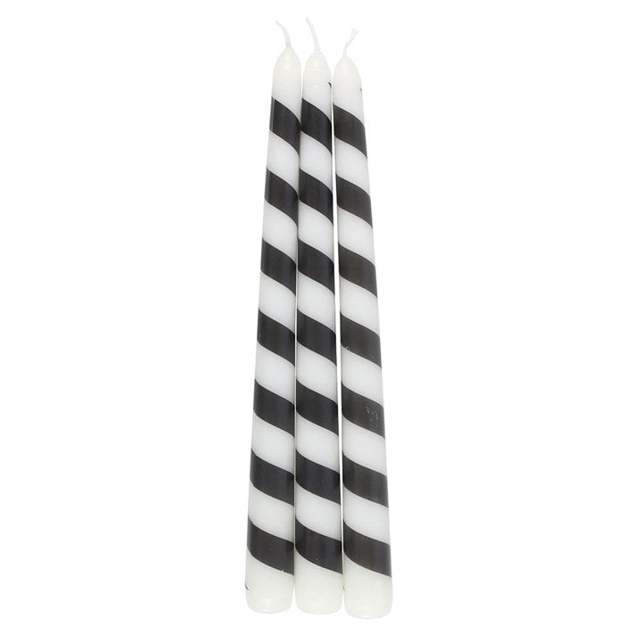 Set of 3 Black Candy Cane Taper Candles - Unscented, perfect for adding a gothic touch to festive decor.