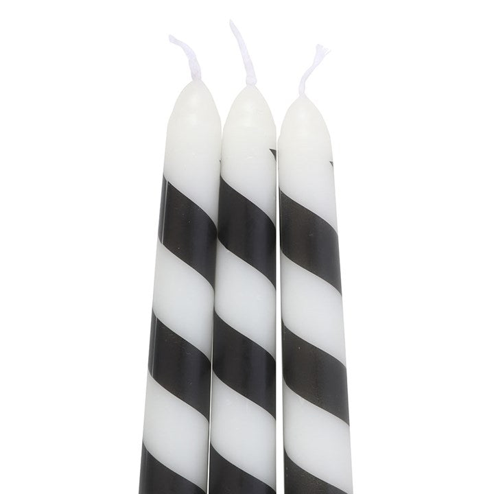 Set of 3 Black Candy Cane Taper Candles - Unscented, perfect for gothic festive decor and elegant table settings.
