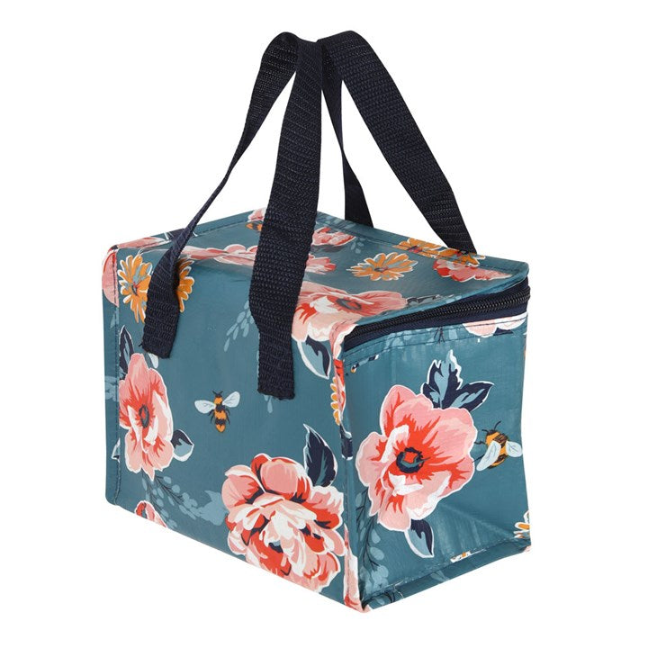 Stylish Bee-utiful Floral Lunch Bag with navy handles, perfect for keeping food fresh and safe all day long.
