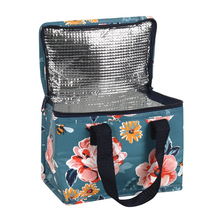 Insulated Bee-utiful Floral Lunch Bag with navy handles, keeping your food fresh and stylish all day long.