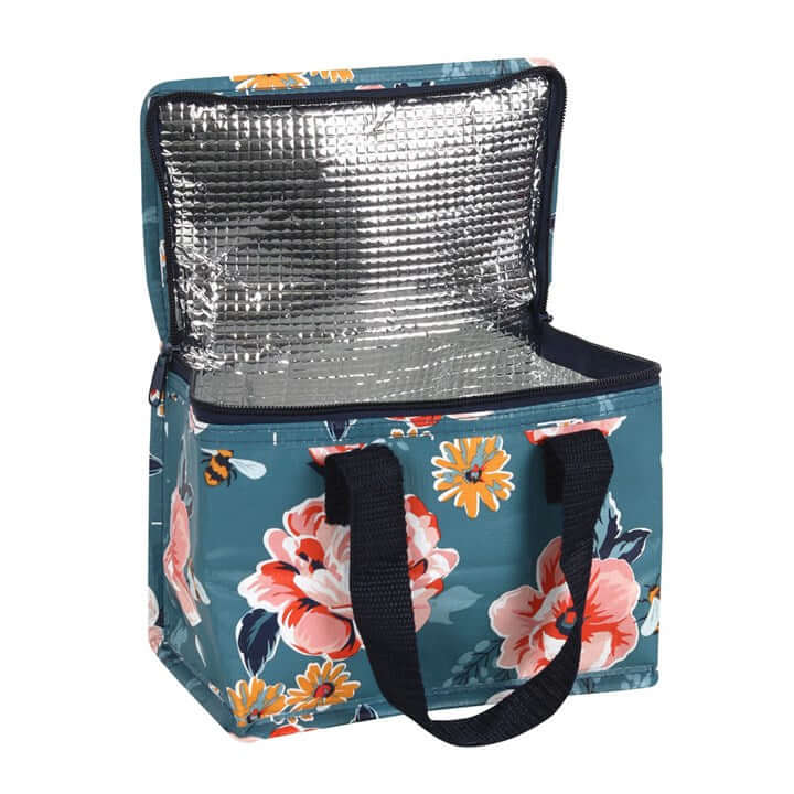 Insulated Bee-utiful Floral Lunch Bag with navy handles, keeping your food fresh and stylish all day long.