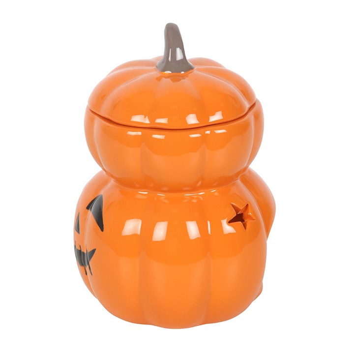 Charming Stacked Pumpkin Oil Burner and Wax Warmer, perfect for Halloween, illuminating with a spooky glow and seasonal scents.