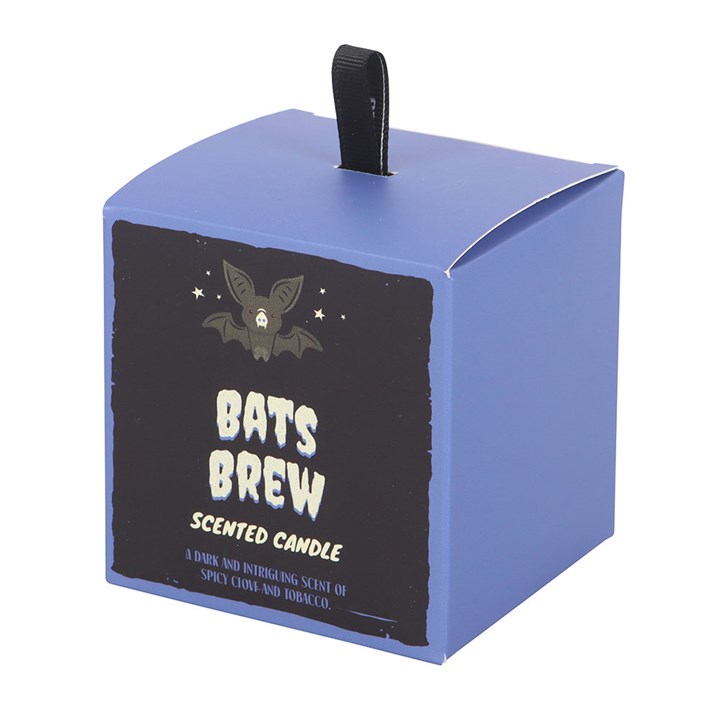 Bat's Brew Clove and Tobacco Candle in a blue cube box with a black label featuring a bat motif.