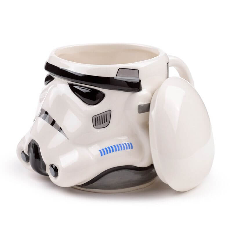 Ceramic Stormtrooper helmet mug with lid, white and black detailing.
